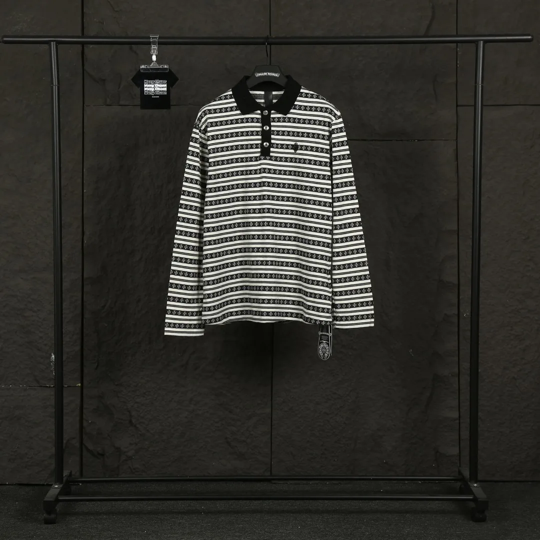 P210 Actual photo [Popular item] Code: 25020# Color: Black/Pink/Blue Size: S to - CH Croix heart niche design cross jacquard striped long sleeves brings striped Polo to Next Levels. Loose fit. Same style for men and women. Lazy and casual. Street style. Three colors. Customized style.